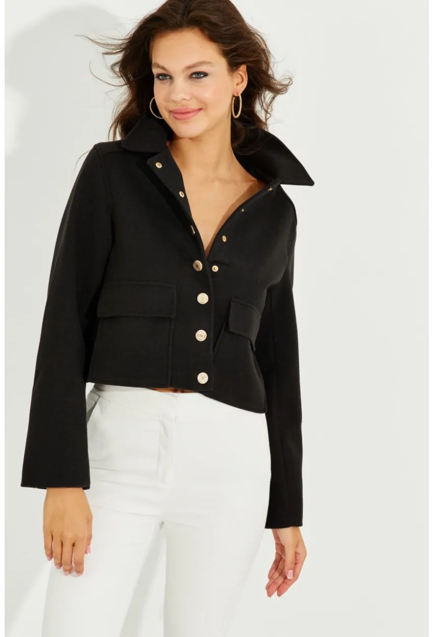 Kadın Siyah Cepli Kısa Kaşe Ceket TW50048