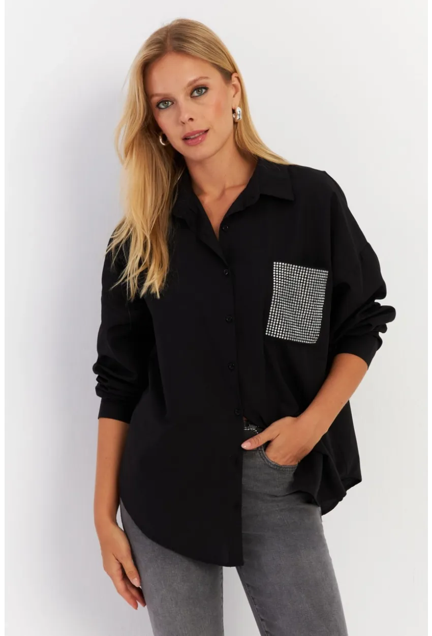 Kadın Siyah Cepli Taşlı Gömlek MZER414