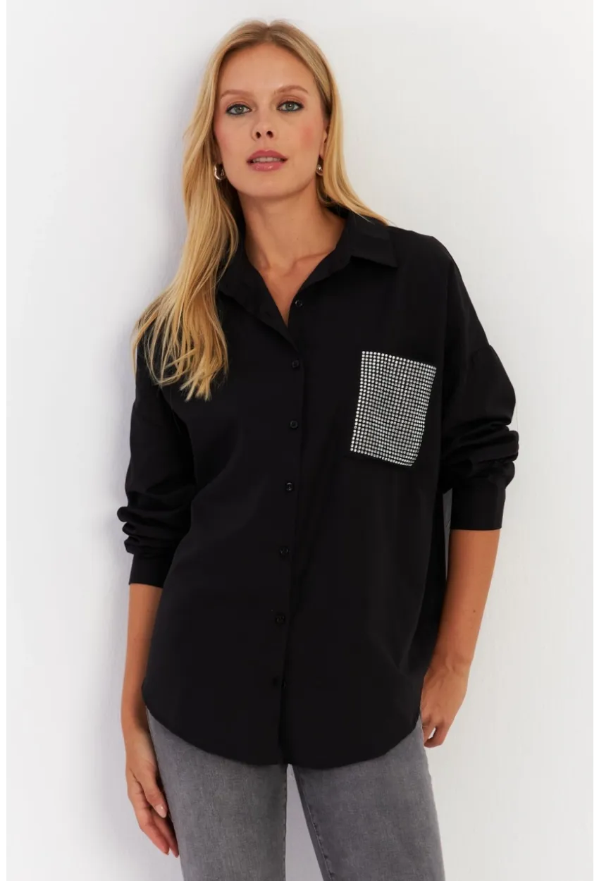 Kadın Siyah Cepli Taşlı Gömlek ZER414