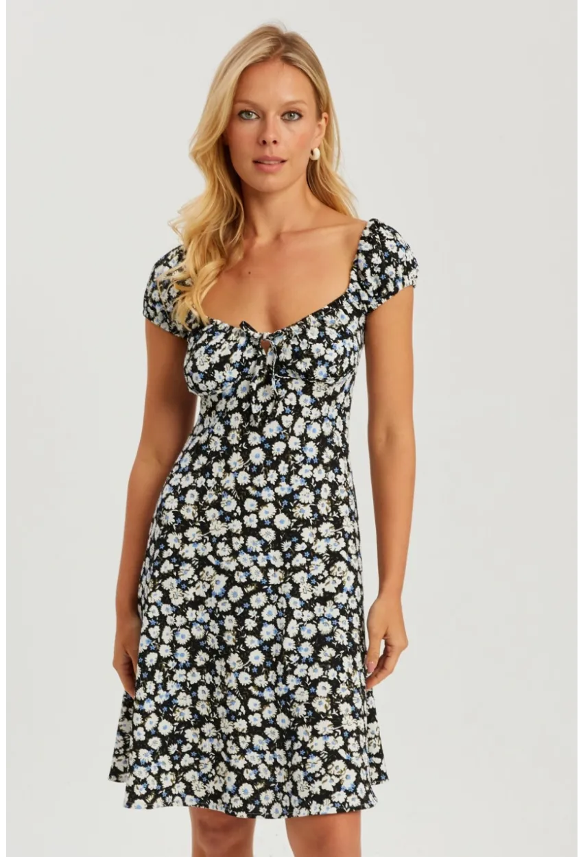 Kadın Siyah Çiçekli Mini Elbise GÇ165