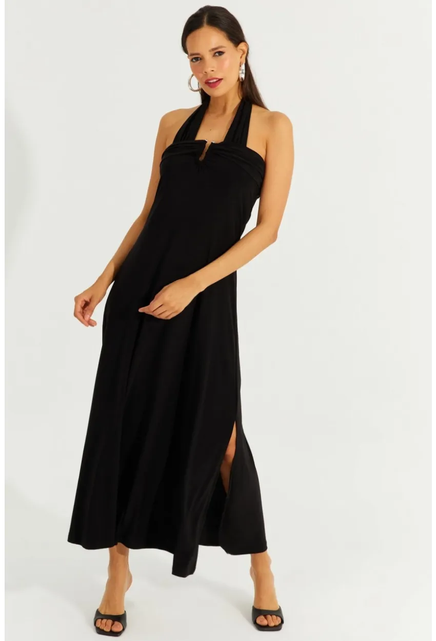 Kadın Siyah Çift Askılı Maxi Elbise BK261084