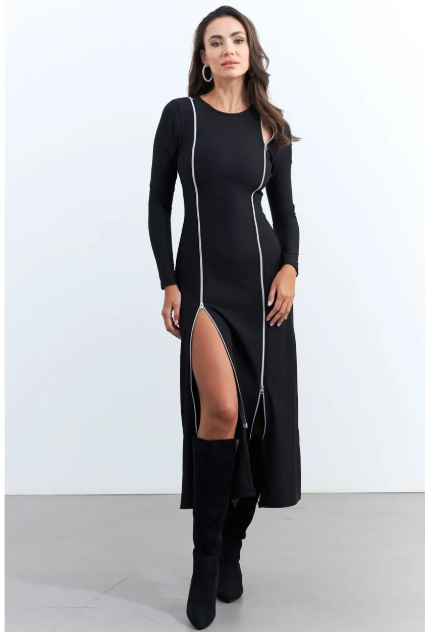 Kadın Siyah Çift Fermuarlı Maxi Elbise ELT4039
