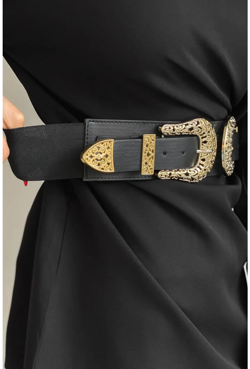 Kadın Siyah Çift Tokalı Lastikli Kemer BE617