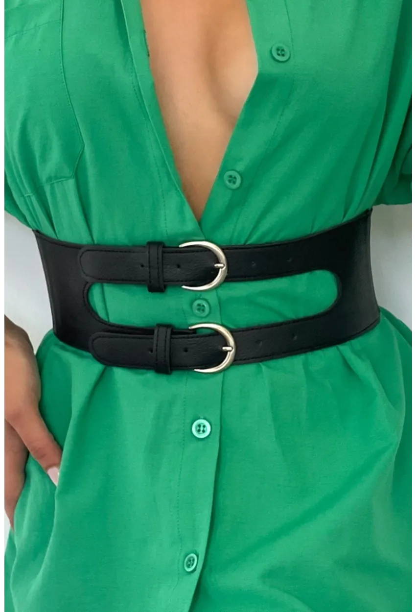 Kadın Siyah Çift Tokalı Lastikli Korse Kemer BE638