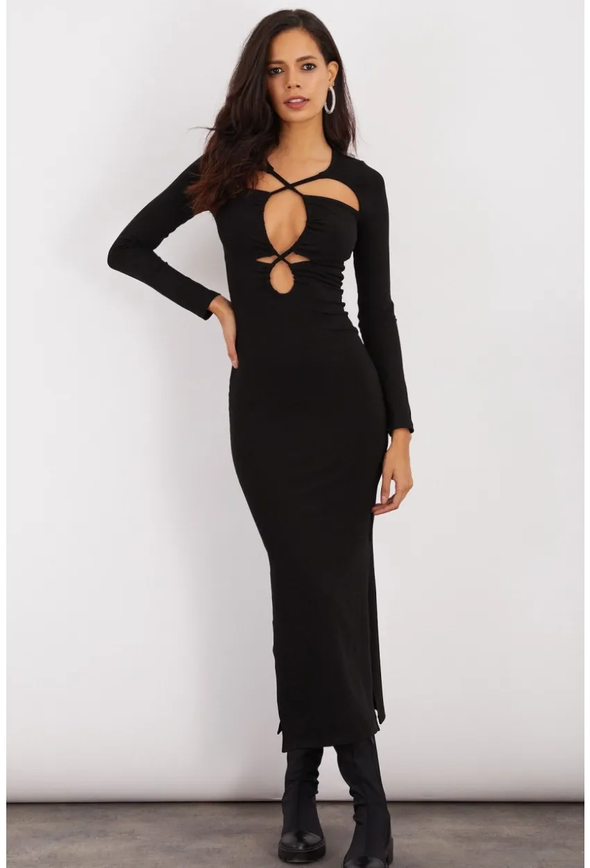 Kadın Siyah Çift Yırtmaçlı Midi Elbise B166-1