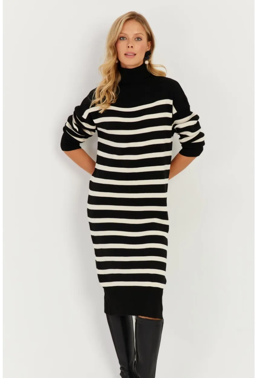 Kadın Siyah Çizgili Balıkçı Triko Midi Elbise SF2539
