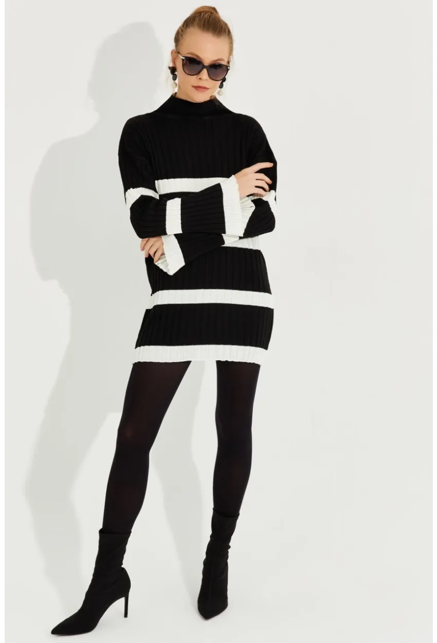Kadın Siyah Çizgili Mini Triko Elbise YV212