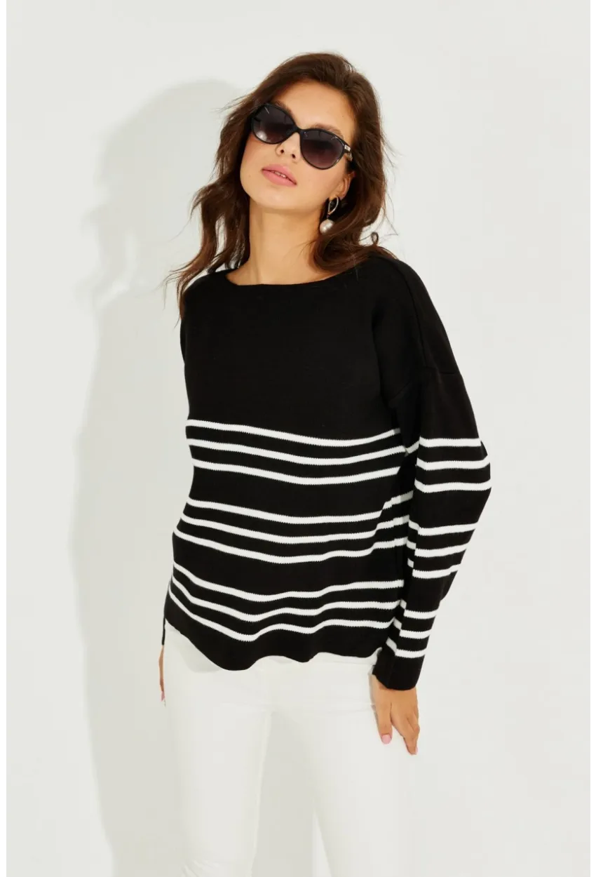 Kadın Siyah Çizgili Triko Kazak SF2188