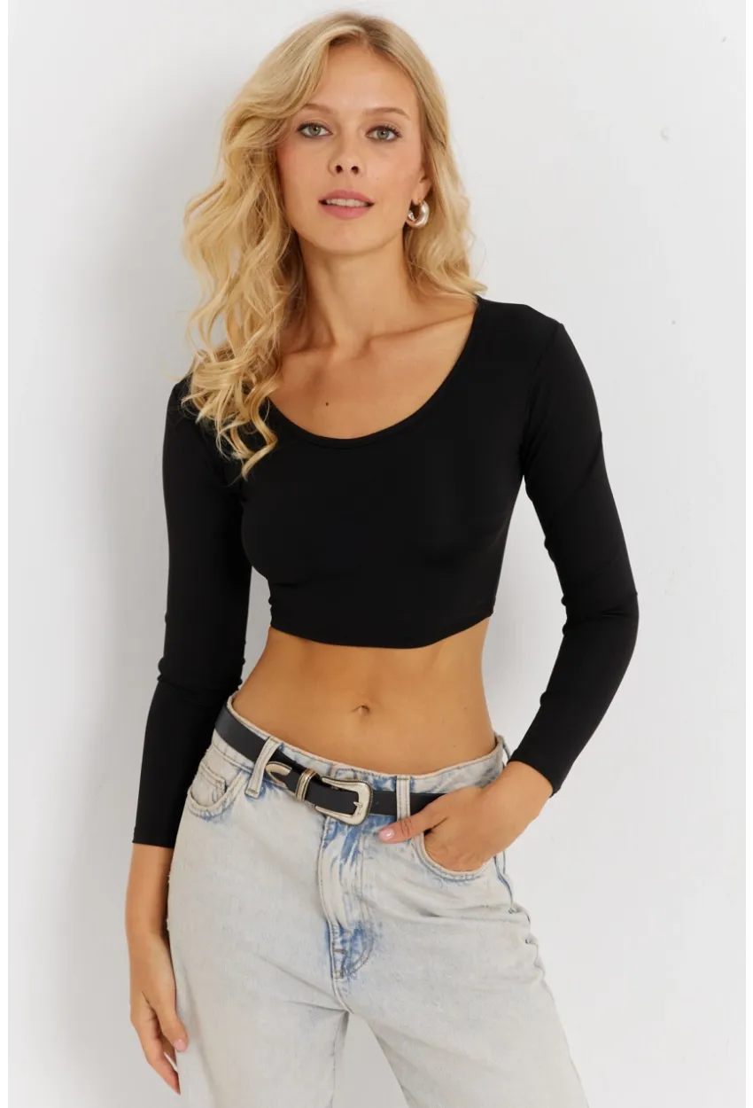 Kadın Siyah Crop Bluz CG367