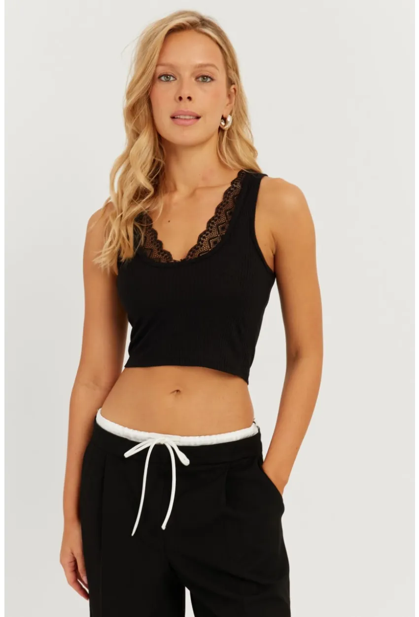 Kadın Siyah Dantel Detaylı Crop Bluz CY446