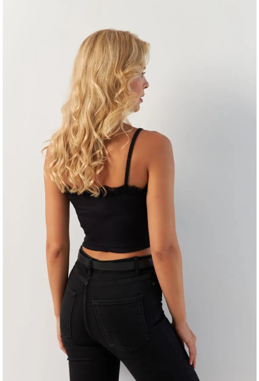 Kadın Siyah Dantel Detaylı Crop Bluz MK22