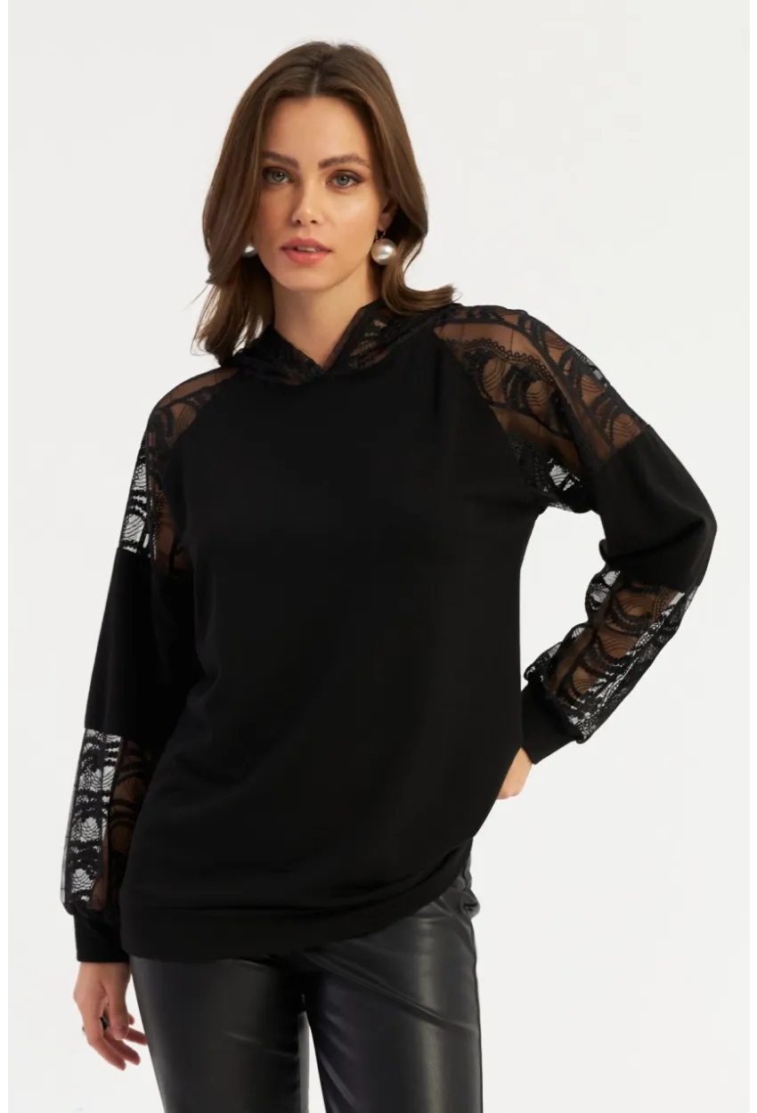 Kadın Siyah Dantel Detaylı Kapüşonlu Sweatshirt BK58