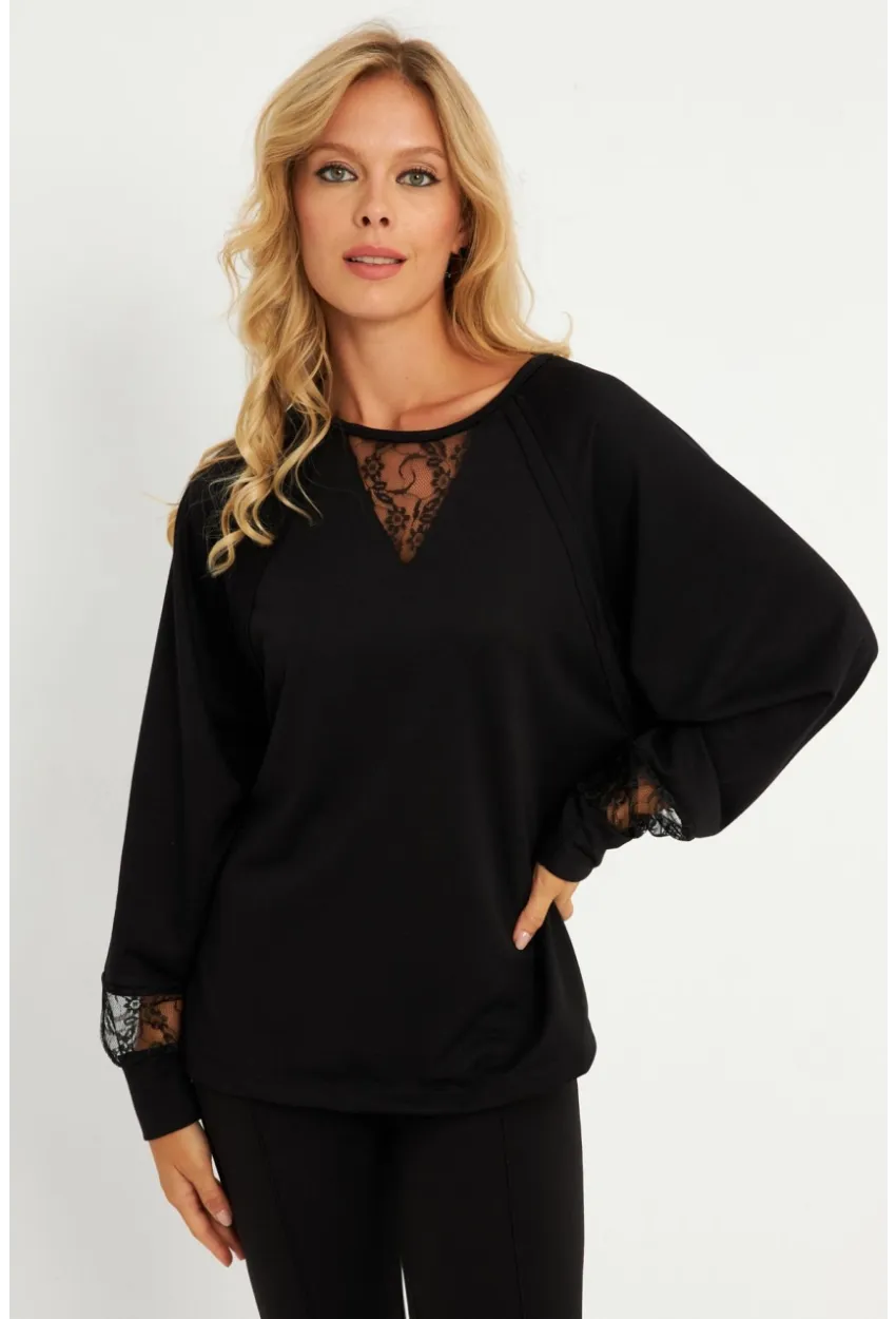 Kadın Siyah Dantel Detaylı Sweatshirt EY2906
