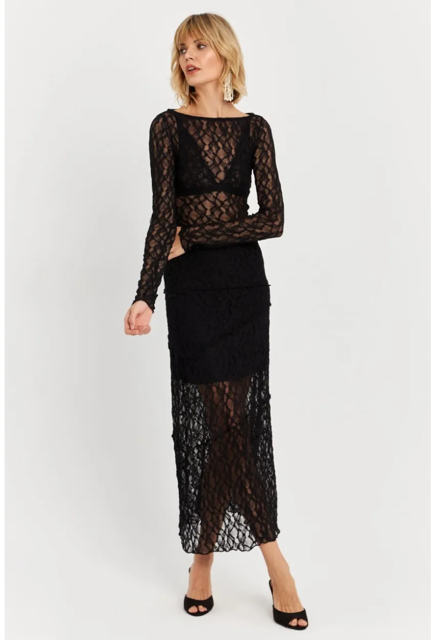 Kadın Siyah Dantelli Midi Etek FS9824