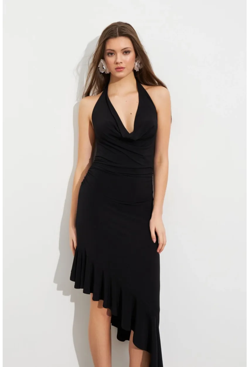Kadın Siyah Degaje Asimetrik Midi Elbise İRE1436