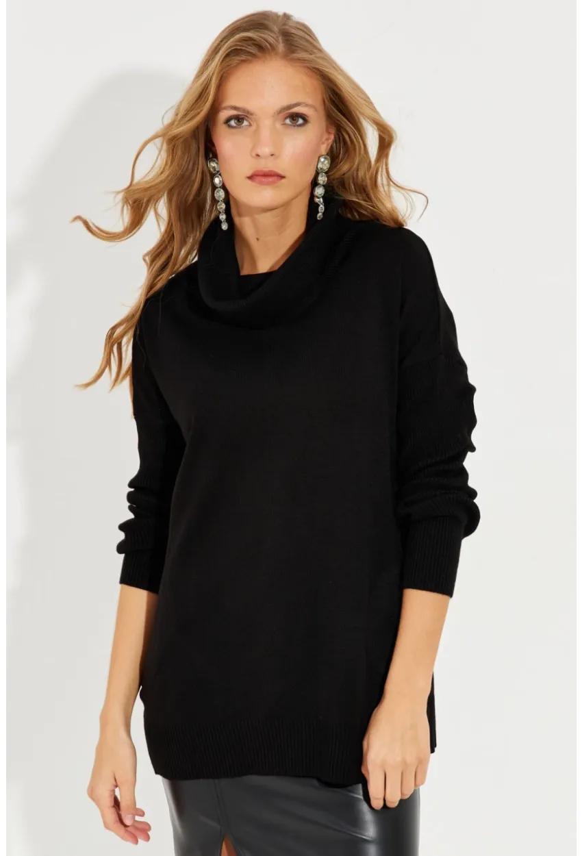 Kadın Siyah Degaje Yaka Cepli Triko Kazak YZ519