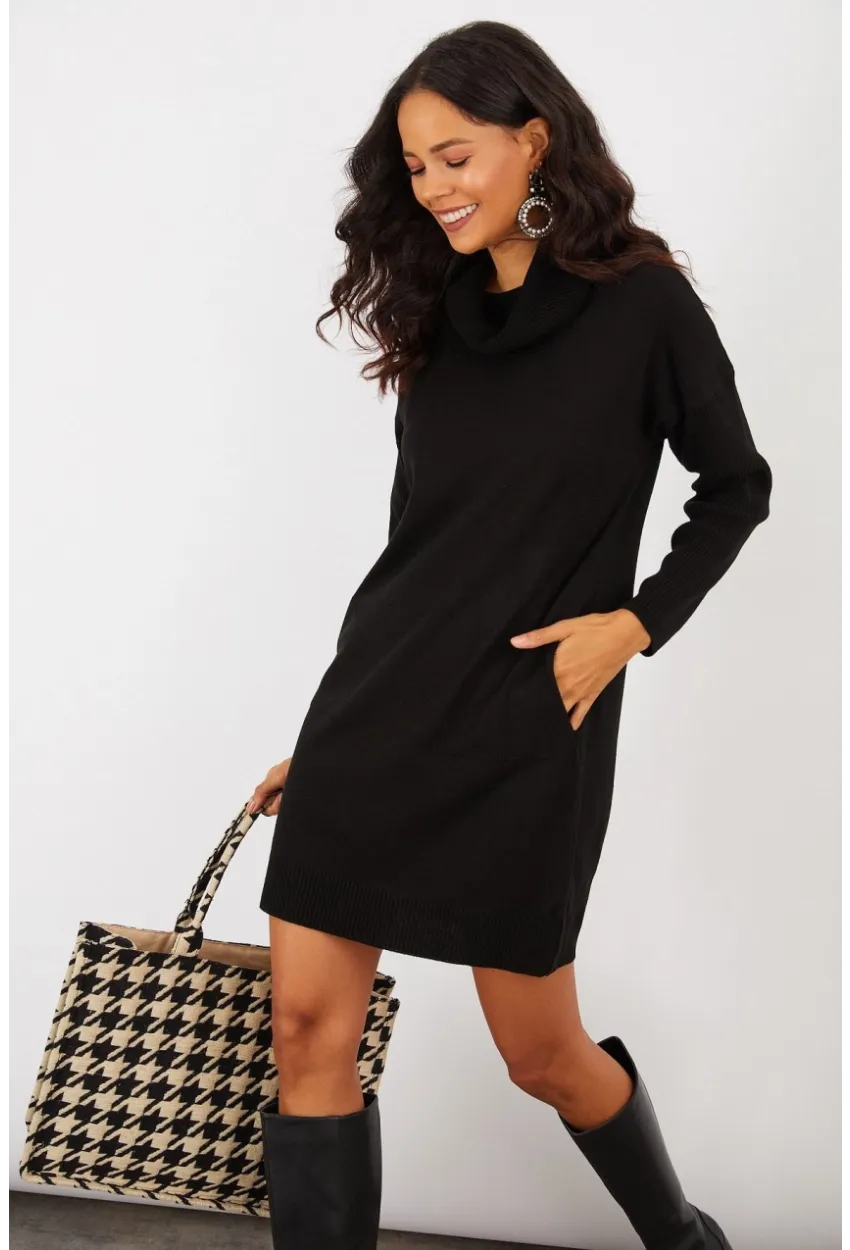 Kadın Siyah Degaje Yaka Triko Mini Elbise YV73