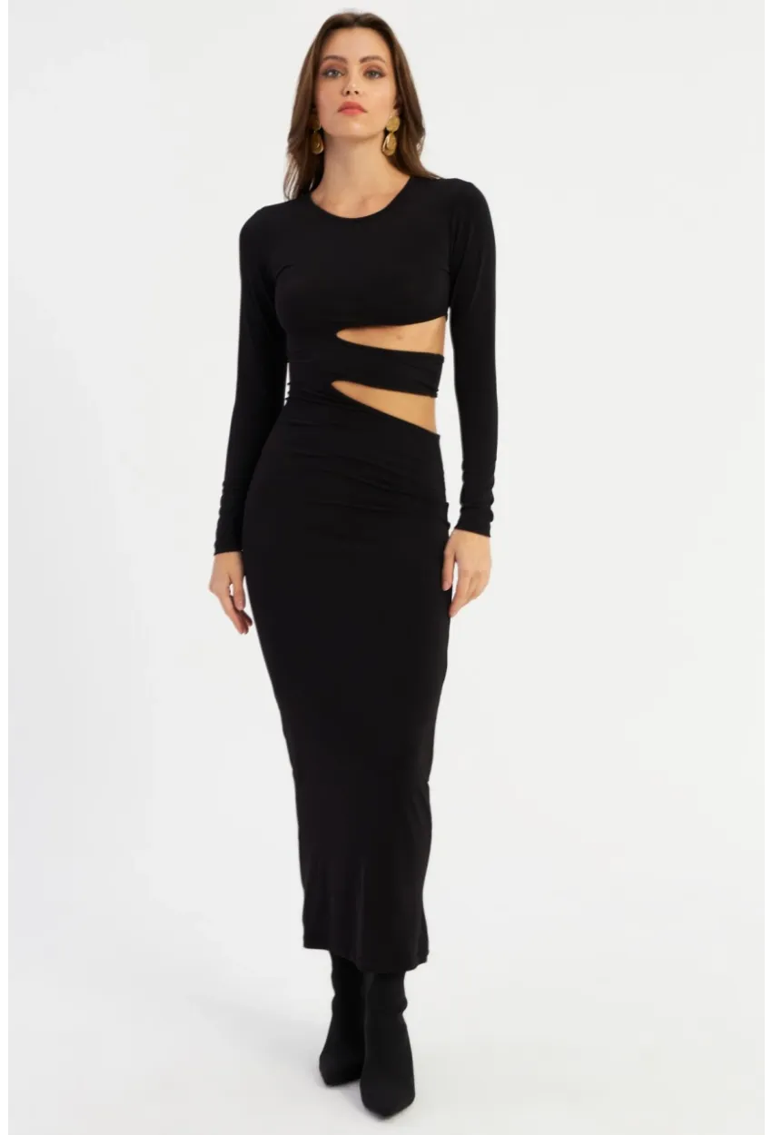 Kadın Siyah Dekolteli Maxi Yılbaşı Elbise LİK9