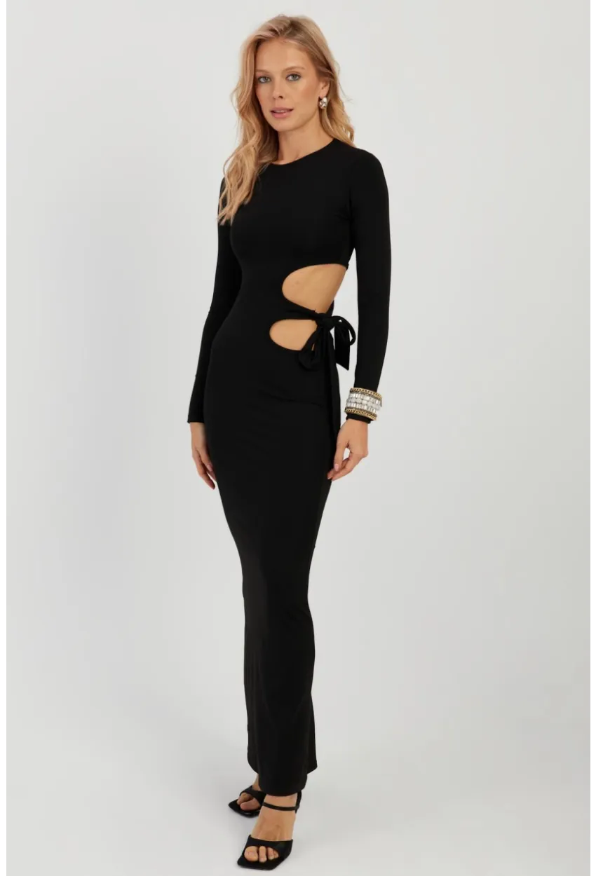 Kadın Siyah Dekolteli Skuba Maxi Elbise MON122
