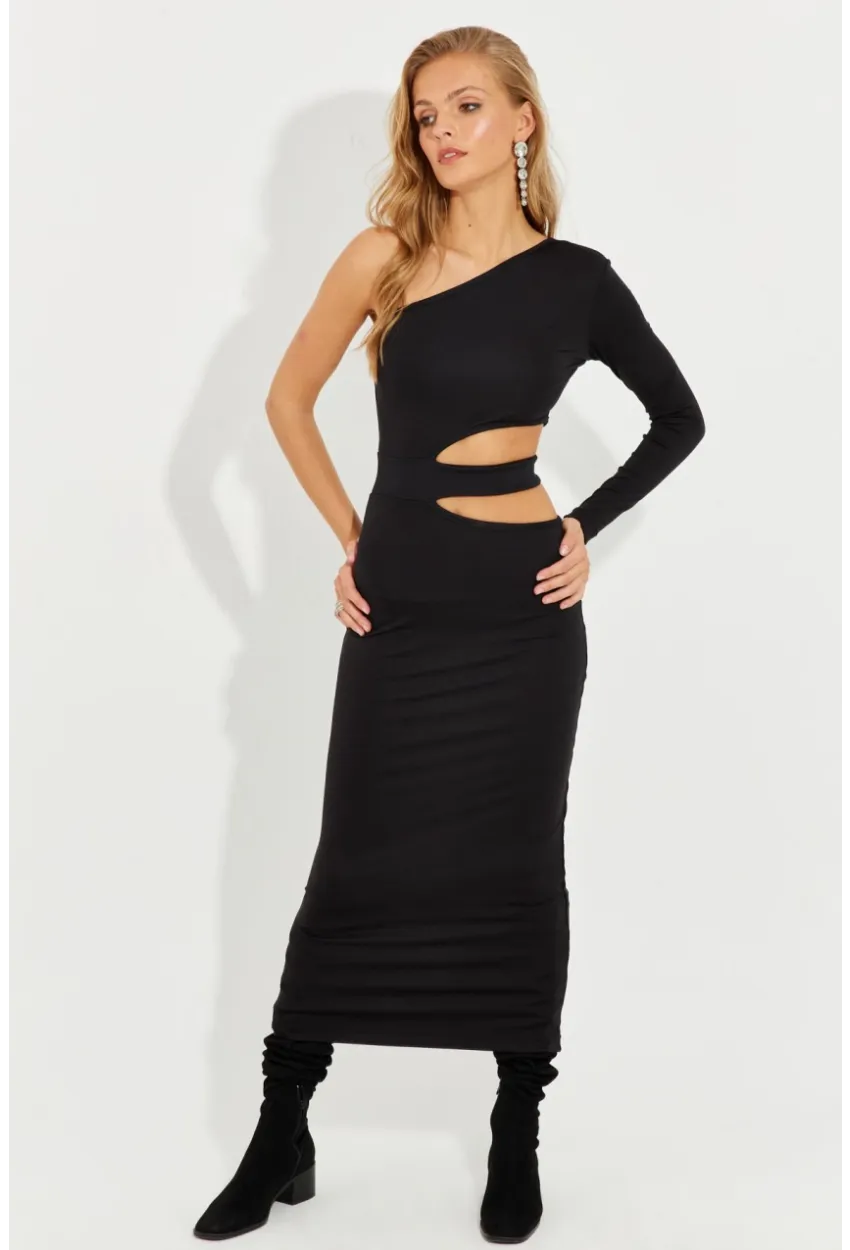 Kadın Siyah Dekolteli Tek Omuz Midi Elbise EY2577