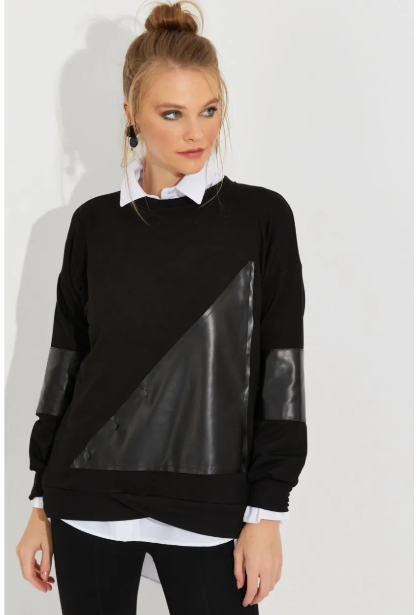 Kadın Siyah Deri Bloklu Sweathirt ST6015