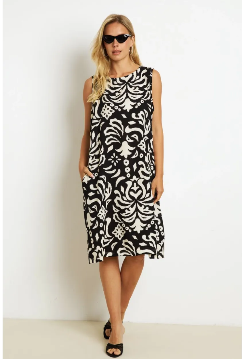 Kadın Siyah Desenli Cepli Midi Elbise YZ1059