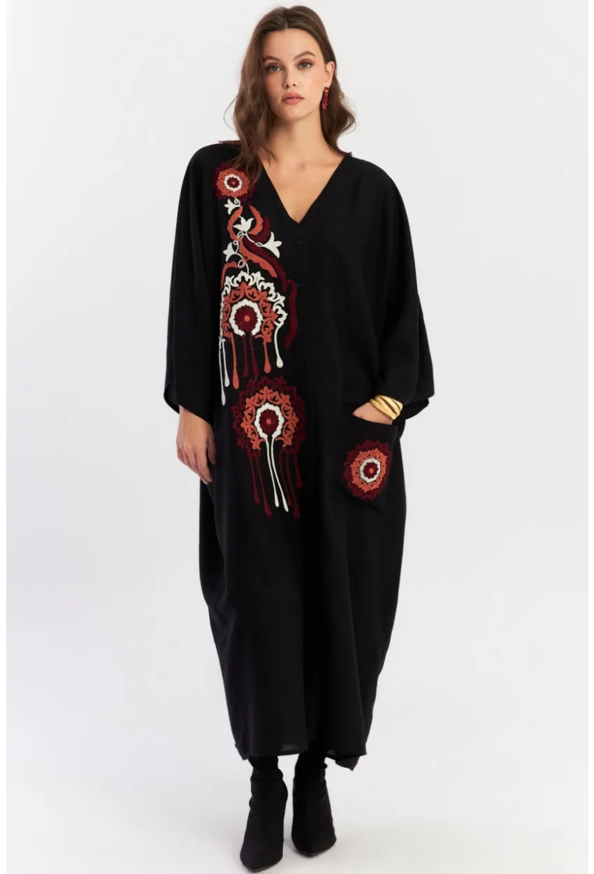 Kadın Siyah Desenli Maxi Dokuma Elbise ALO150