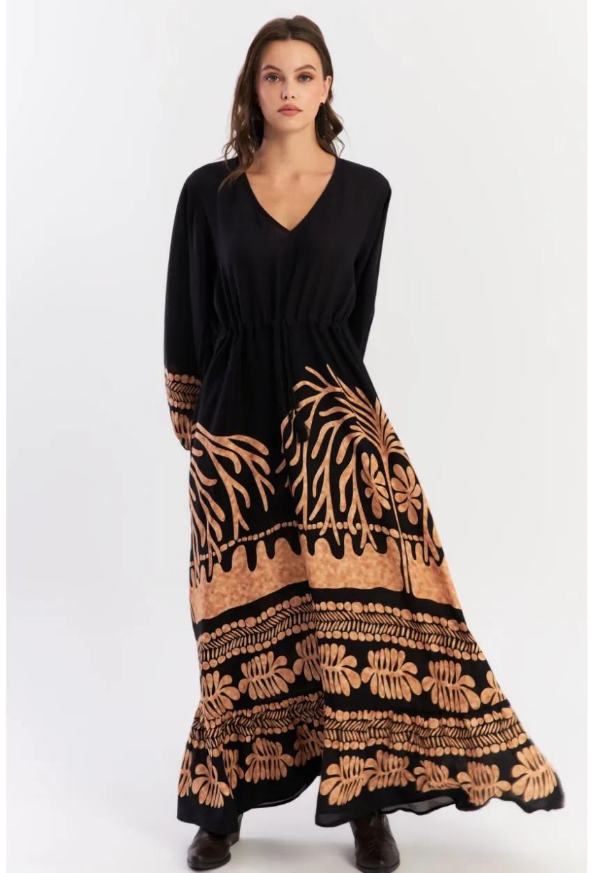 Kadın Siyah Desenli Maxi Dokuma Elbise ALO237