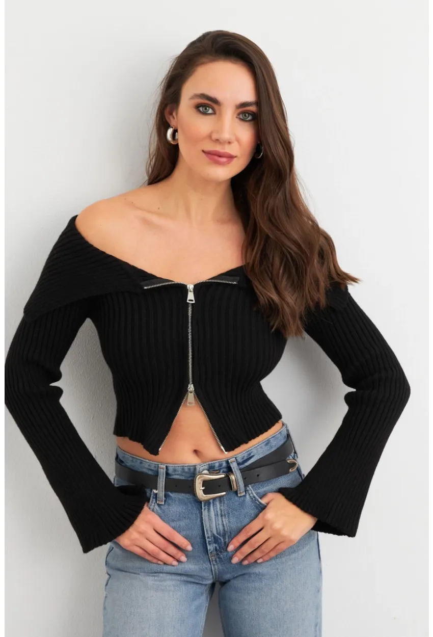 Kadın Siyah Devrik Yaka Kısa Hırka TEM103