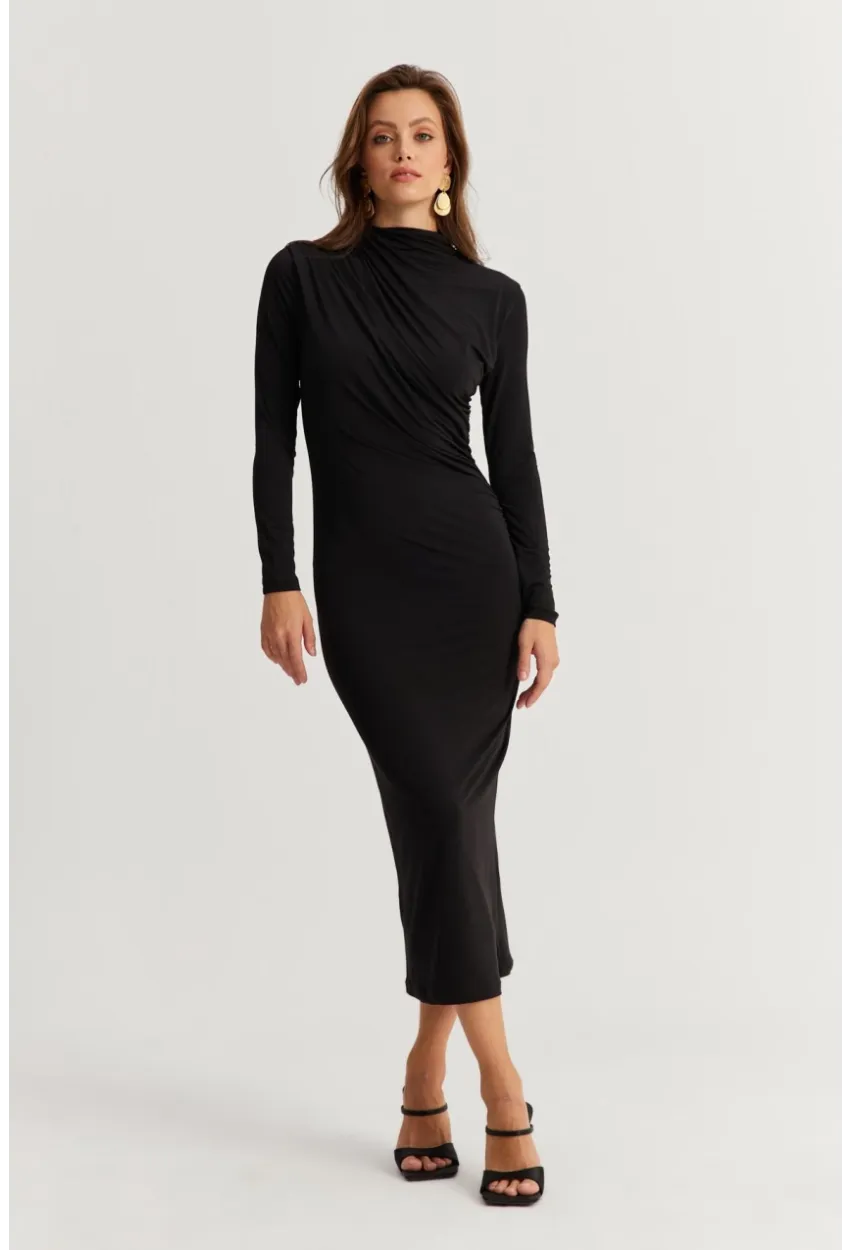 Kadın Siyah Drape Maxi Elbise DMR377