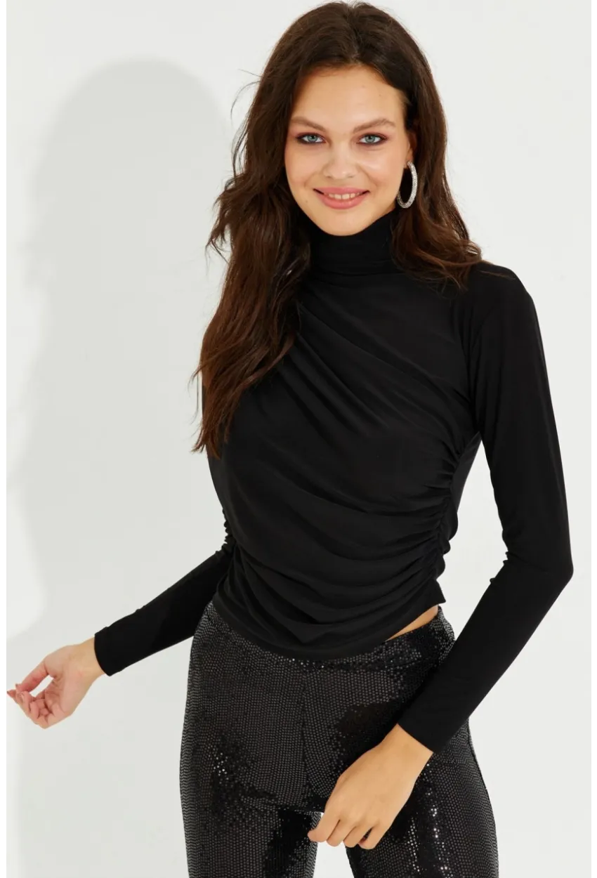 Kadın Siyah Drapeli Bluz LPP1226