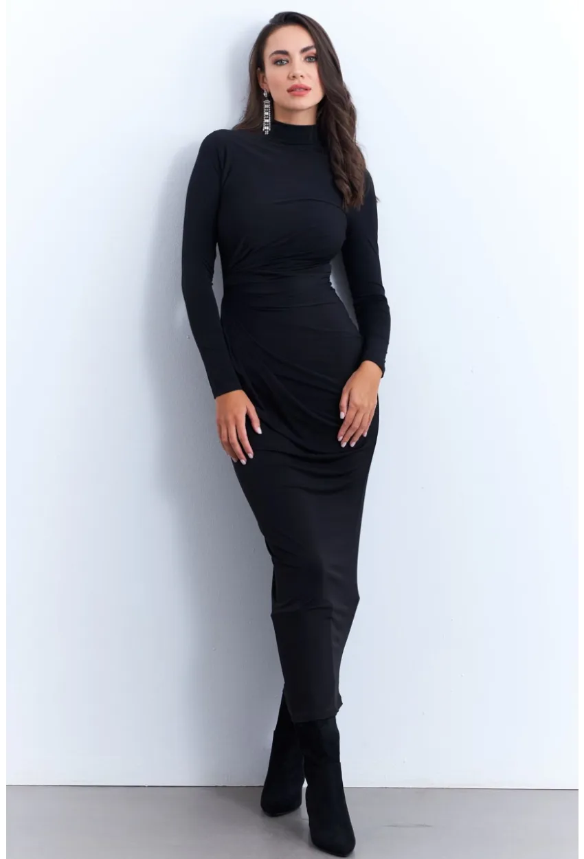 Kadın Siyah Drapeli Maxi Elbise MLİK12
