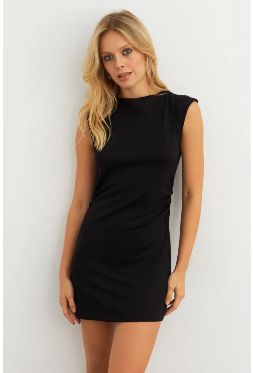 Kadın Siyah Drapeli Mini Elbise SE6