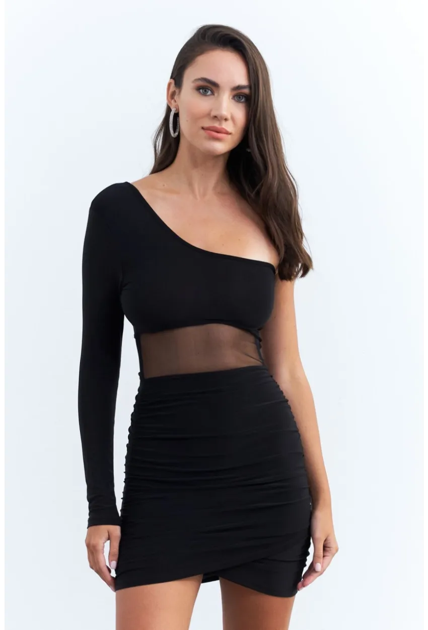 Kadın Siyah Drapeli Tül Detaylı Mini Yılbaşı Elbise ELT3850