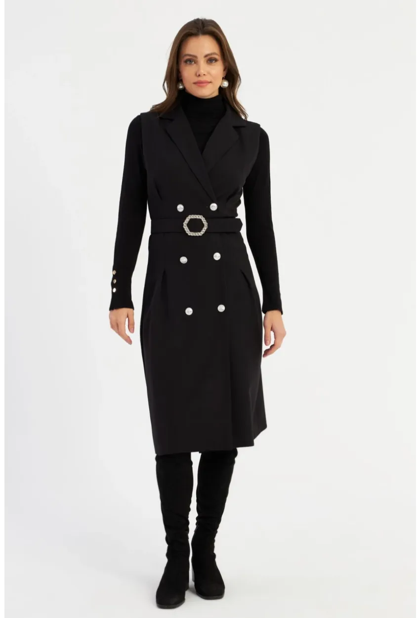 Kadın Siyah Düğme Aksesuarlı Ceket Elbise MERA101