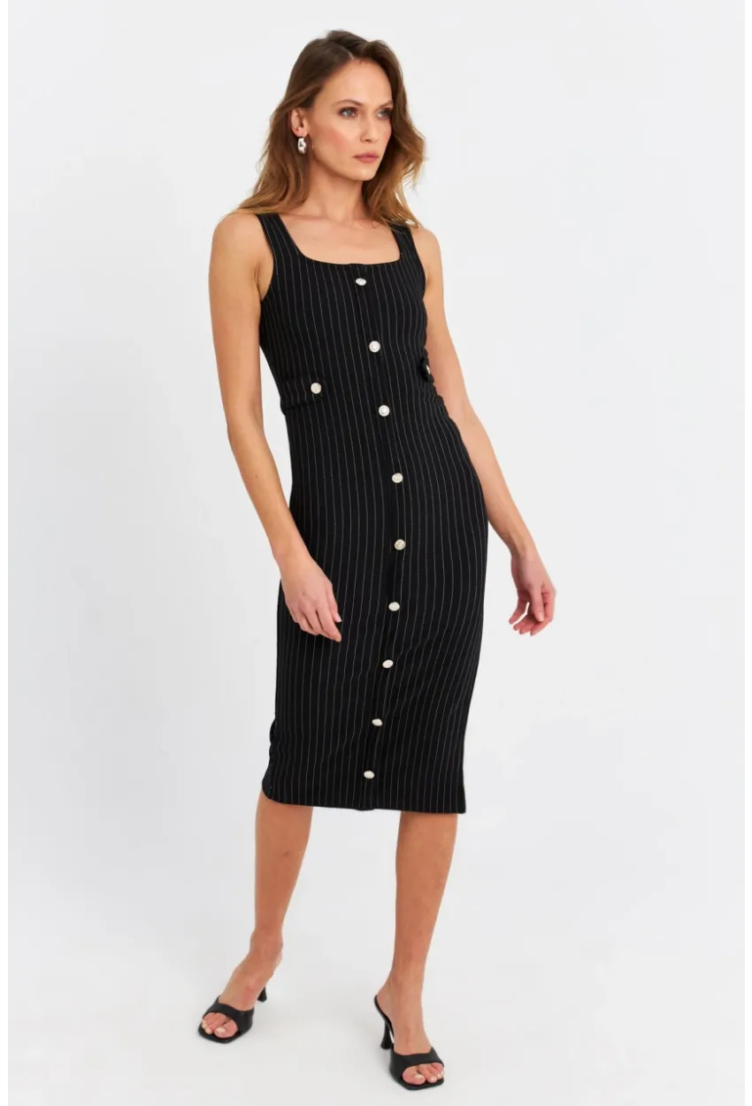 Kadın Siyah Düğme Aksesuarlı Çizgili Midi Elbise SDY1253