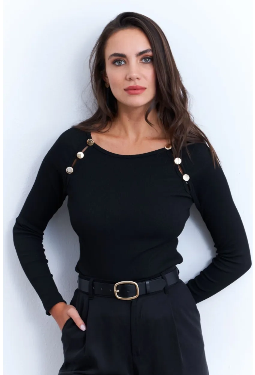 Kadın Siyah Düğme Aksesuarlı Kaşkorse Bluz EY2945