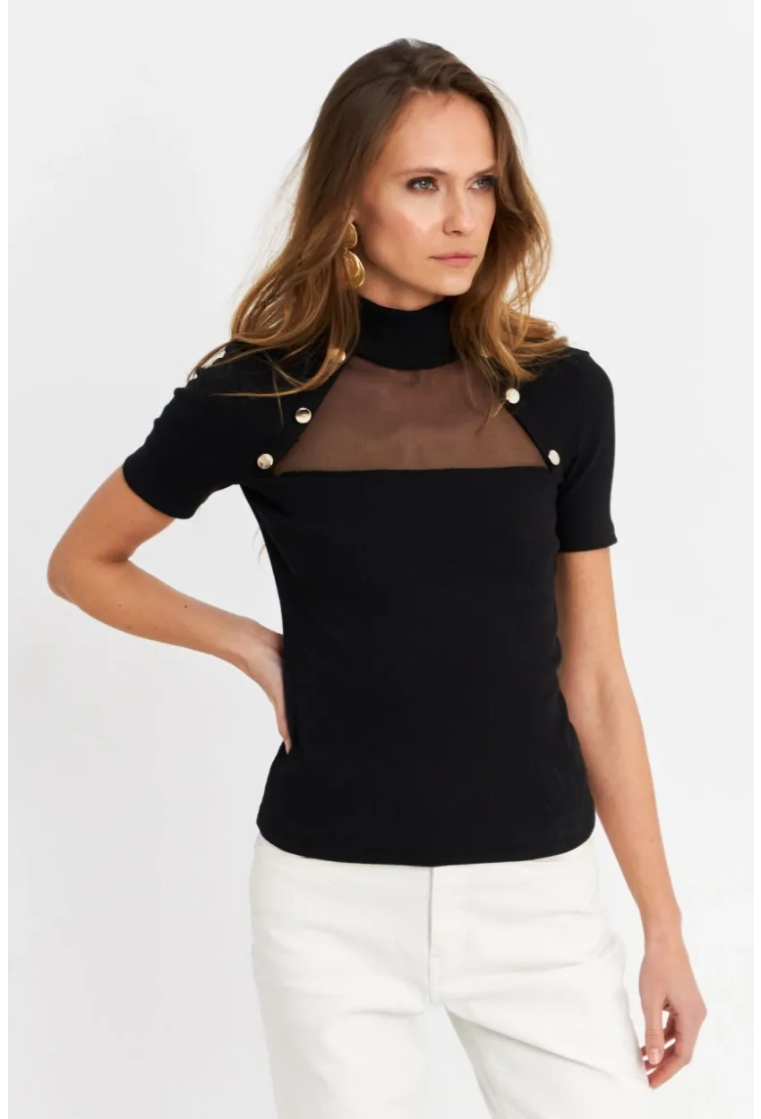 Kadın Siyah Düğme Aksesuarlı Kaşkorse Bluz TF56