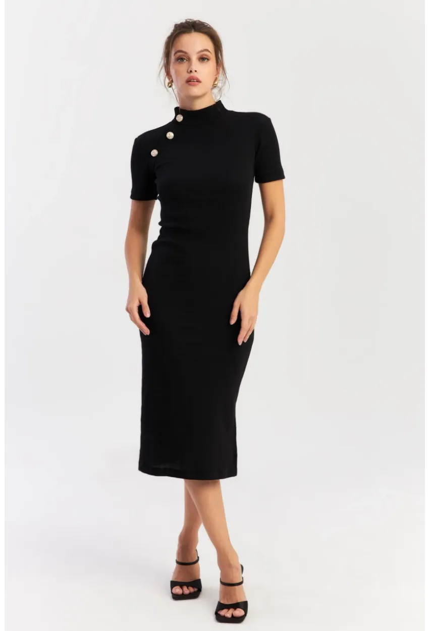 Kadın Siyah Düğme Aksesuarlı Kaşkorse Midi Elbise EY2931