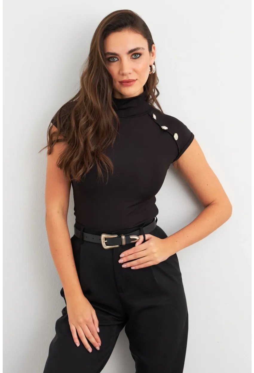 Kadın Siyah Düğme Detaylı Bluz EY3027