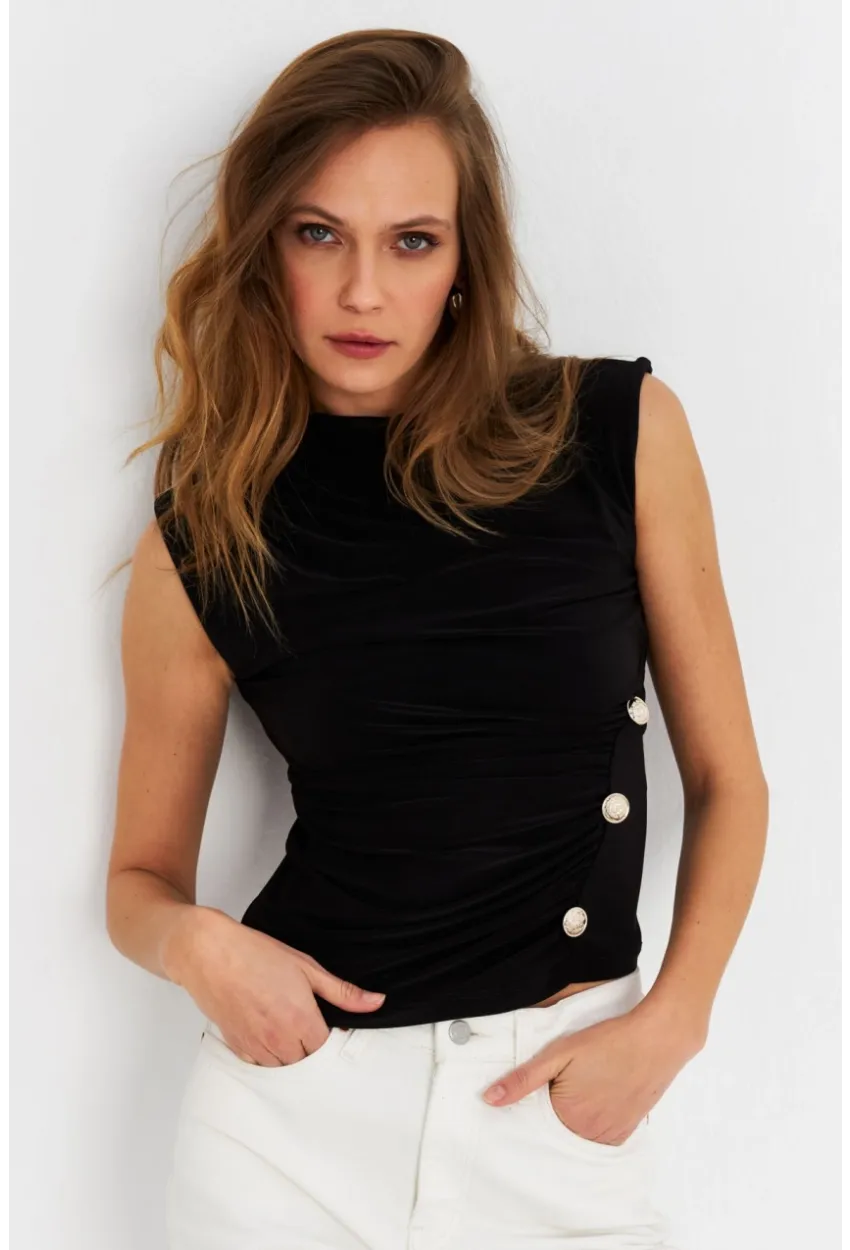 Kadın Siyah Düğme Detaylı Bluz LPP1022