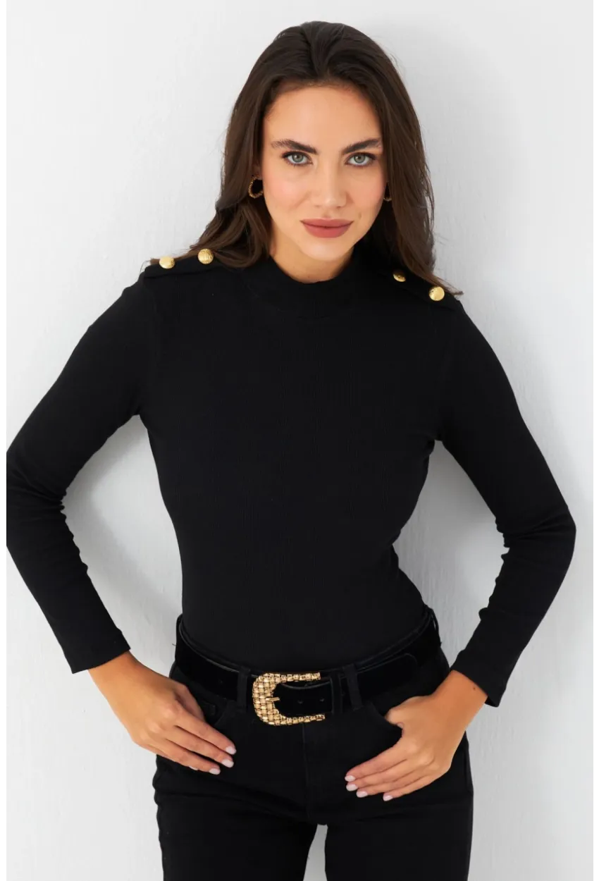 Kadın Siyah Düğme Detaylı Bluz MAYD14