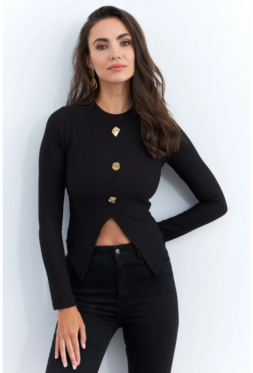 Kadın Siyah Düğme Detaylı Bluz RLO83