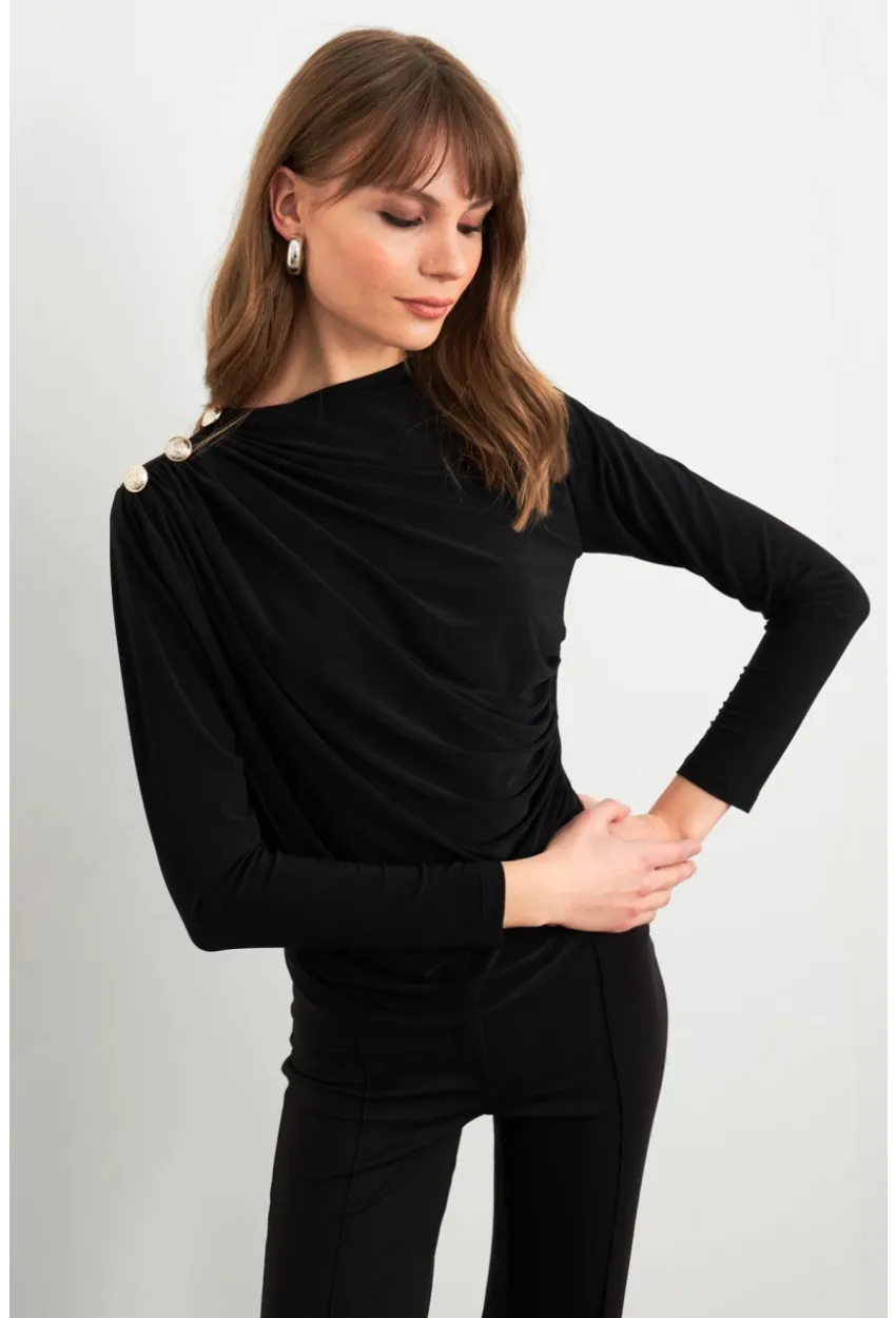 Kadın Siyah Düğme Detaylı Büzgülü Bluz LPP1223-1
