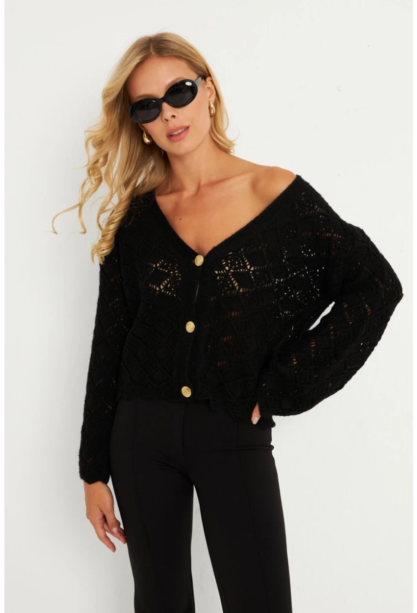 Kadın Siyah Düğme Detaylı Hırka YV276