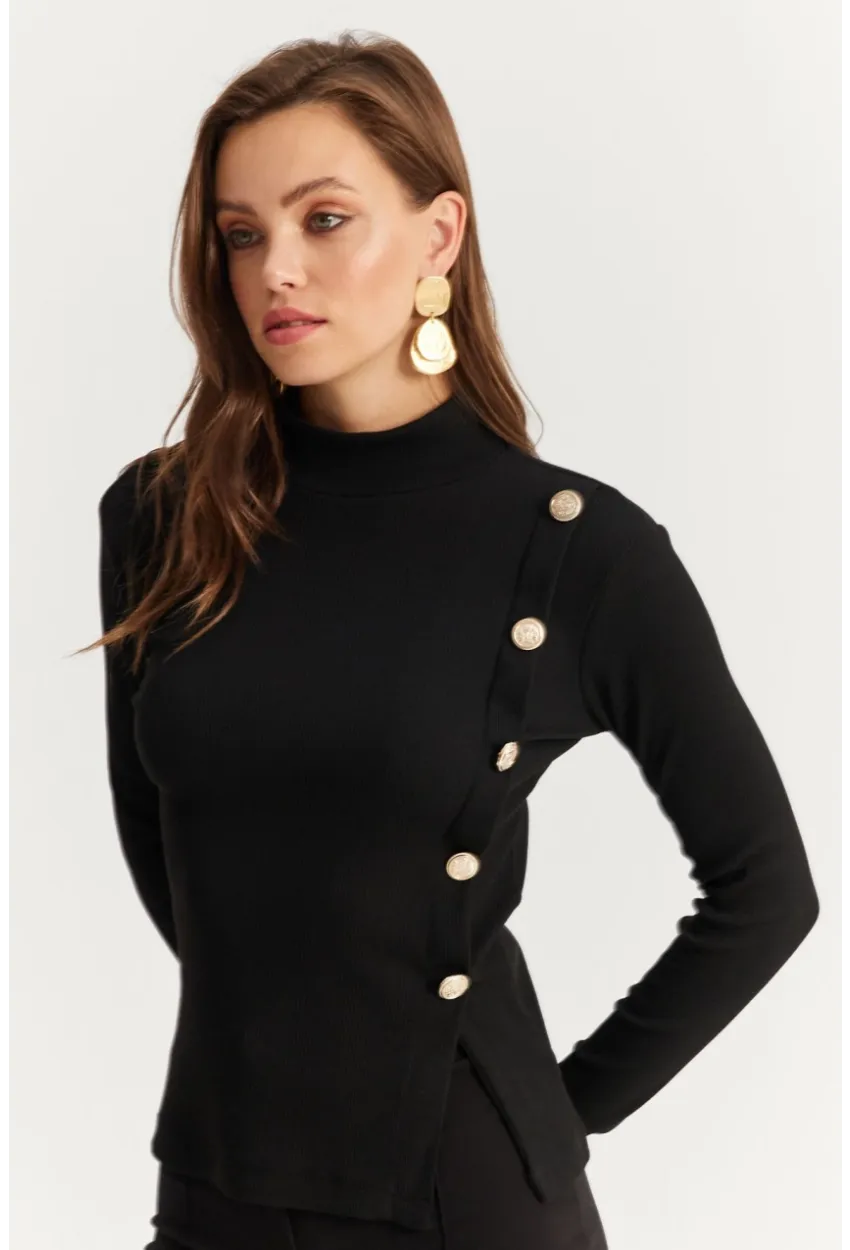 Kadın Siyah Düğme Detaylı Kaşkorse Bluz EY2927