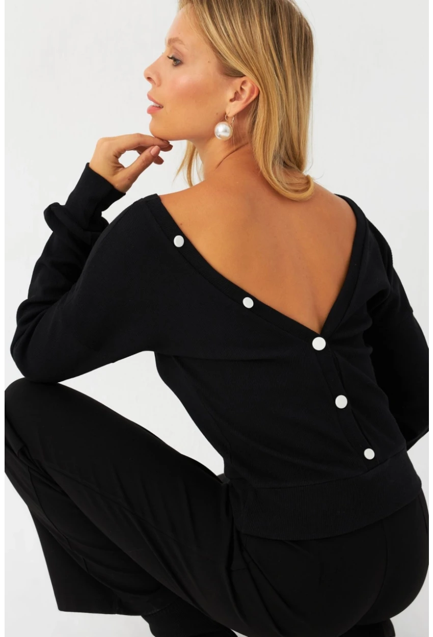 Kadın Siyah Düğme Detaylı Kaşkorse Bluz EY2994