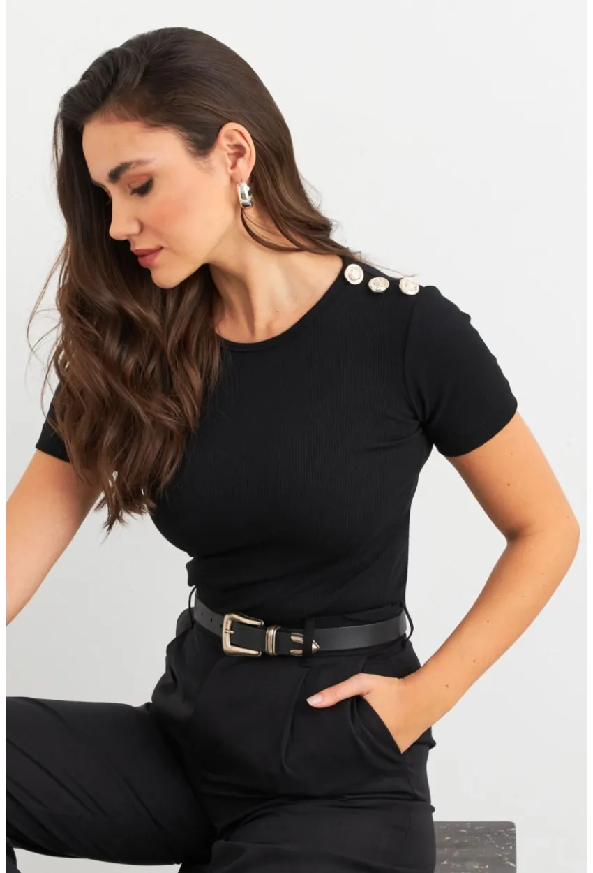 Kadın Siyah Düğme Detaylı Kaşkorse Bluz EY3031
