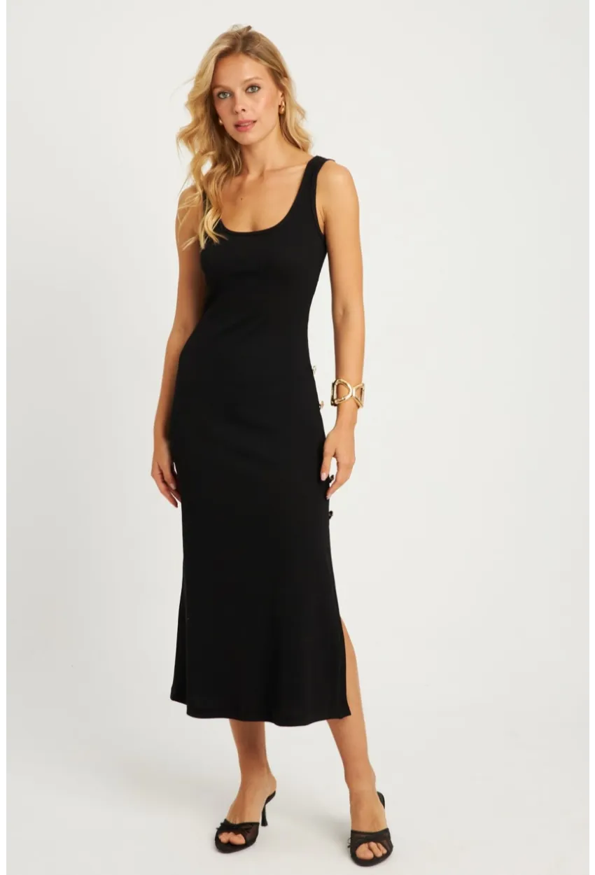 Kadın Siyah Düğme Detaylı Kaşkorse Midi Elbise EY2837