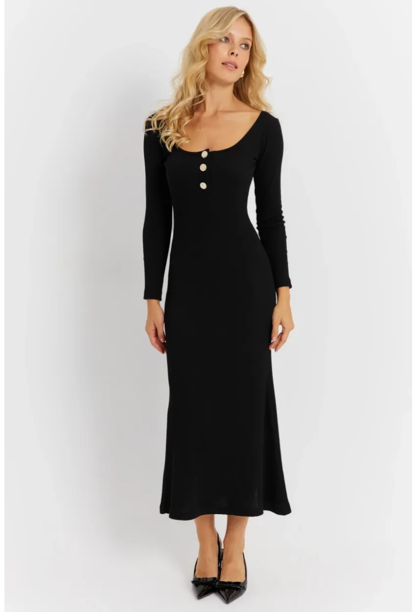 Kadın Siyah Düğme Detaylı Kaşkorse Midi Elbise EY2854